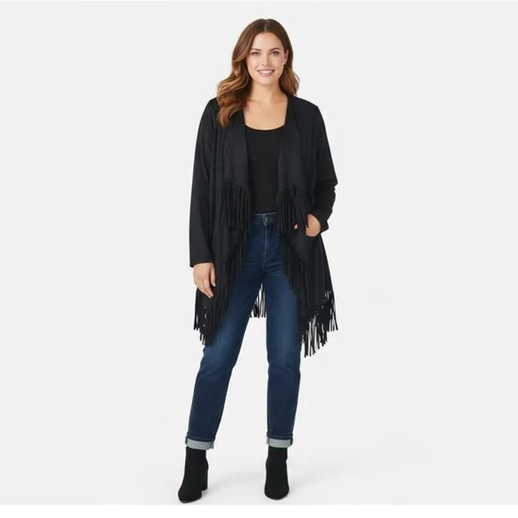 DG2 by Diane Gilman Sweaters - DG2 By Diane Gilman Women's Black Fringed Trim Open Front Cardigan Size XL NWT